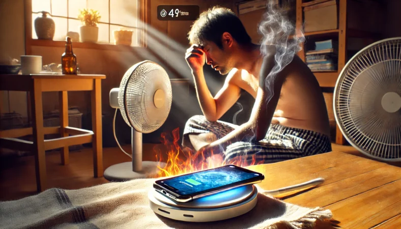 夏の室内でiPhoneのワイヤレス充電中に過熱し、汗を拭く日本人男性。高温環境がバッテリーに与える影響を視覚的に表現。