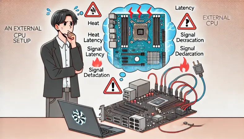 外付けCPUを想像するも、発熱・遅延・信号劣化など技術的問題に悩む日本人男性のイラスト。非現実性を示している。