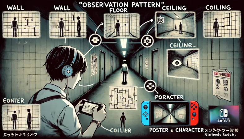 『8番出口』をプレイ中の日本人プレイヤーが、壁・床・天井・ポスター・人物を順番に観察するルーティンを意識している様子を描いたイラスト。地下通路の不気味な背景の中で、観察パターンを表すアイコンが周囲に浮かび、集中した表情でSwitchを操作している。