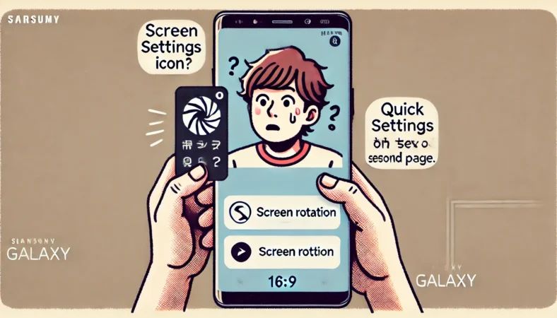 Galaxyスマートフォンのクイック設定を開いても画面回転アイコンが見つからず困惑する日本人ユーザーのイラスト。アイコンが隠れている、または削除されている可能性を示唆。