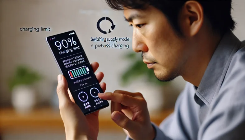 AQUOSスマートフォンで、90%の充電制限と給電切替（バイパス給電）の設定を確認している日本人ユーザー。モダンな室内で集中してバッテリー管理を行っている様子。