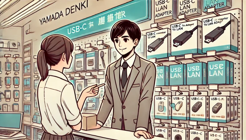 日本の家電量販店で、USB-C LANアダプタの購入について店員に相談する30代の日本人男性。棚には各種USB LANアダプタが整然と陳列されている。