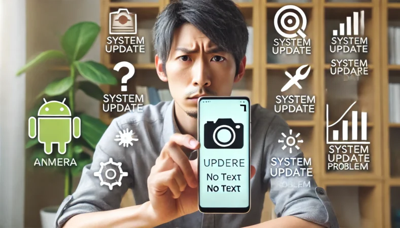 Androidのアップデート後にカメラが正常に起動せず、不具合に困っている日本人男性。スマートフォンにはシステム更新のヒントが見られ、明るい部屋で問題に直面している様子。