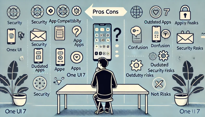 Galaxyスマートフォンをアップデートするべきか迷っている日本人ユーザーのイラスト。机に座りスマホを見つめながら、更新によるメリット(セキュリティ強化、アプリ互換性)と、更新しないことで起こるリスク(不具合、脆弱性)のイメージが周囲に視覚的に描かれている。