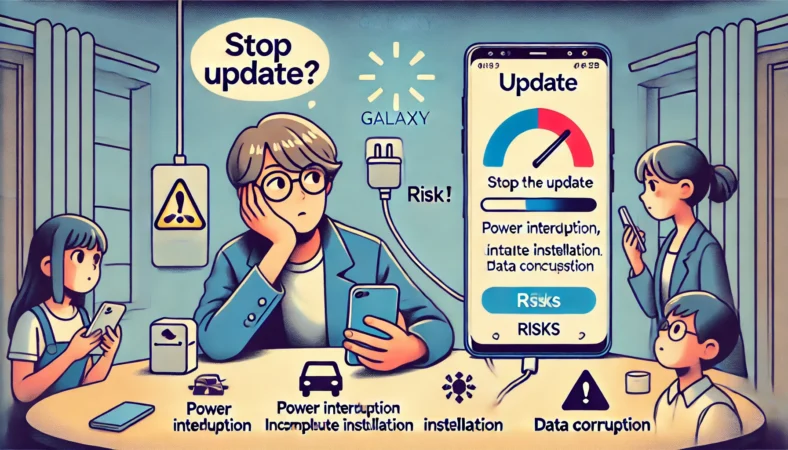 Galaxyスマートフォンのアップデート中に中断すべきか悩む日本人ユーザーのイラスト。スマホには進行中の更新画面が表示され、周囲には電源中断やデータ破損など中断リスクのアイコンが描かれている。端末は充電中で、慎重な判断が求められるシーン。