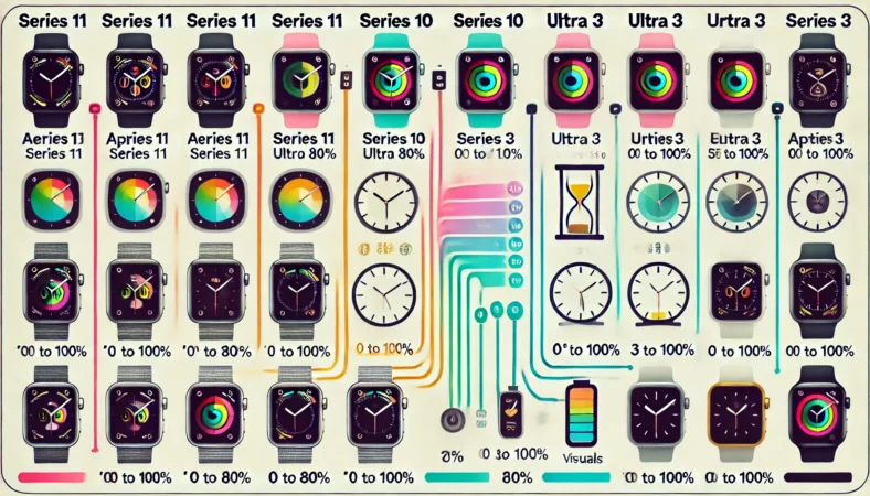Apple Watchの各モデルごとの充電時間（80%・100%）を示す視覚的な比較チャート。バッテリーや時計のアイコンを使い、充電速度を直感的に表現。