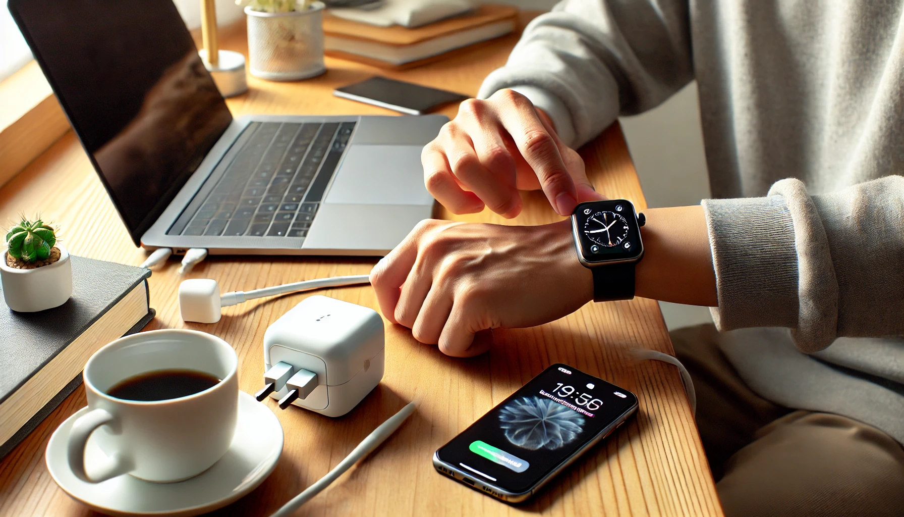 日本人男性が、Apple WatchをUSB-C高速充電ケーブルで充電する様子。20W USB-C電源アダプタと木製デスク上の朝のルーティンが映る。