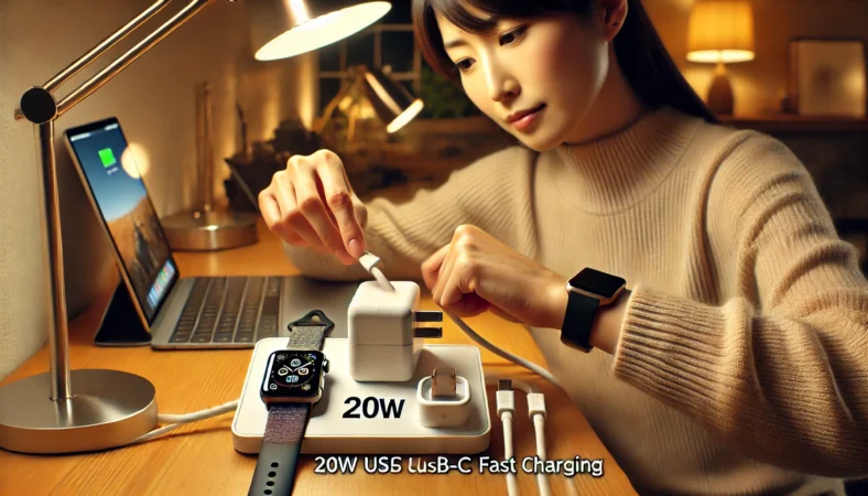 日本人女性がデスクでApple Watchの充電環境を整えている様子。20W USB-Cアダプタと磁気高速充電ケーブルを使い、効率的な充電改善の意識が見えるシーン。