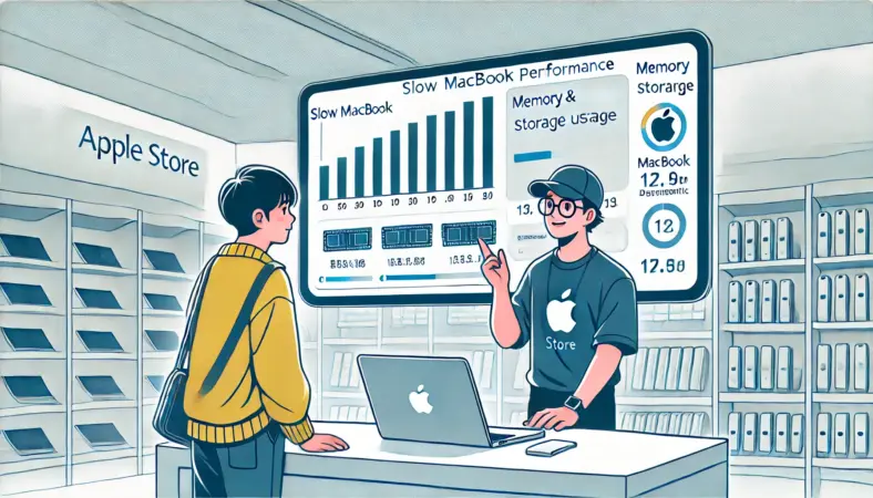 日本人がAppleストアでMacBookの動作が遅いことについて相談しているイラスト。テクニシャンが診断画面を指差しながらメモリとストレージの状況を説明し、明るくプロフェッショナルな店内で親身に対応している様子が描かれている。