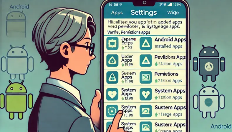 日本人ユーザーがAndroidの設定画面でアプリ一覧を確認し、特定のアプリの提供元や権限、データ使用量などの詳細情報をチェックしているイラスト。システムアプリとユーザーアプリの区別が画面に表示されている。
