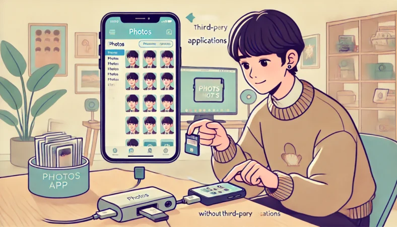 日本人の人物がiPhoneに接続されたSDカードリーダーを使用し、サードパーティアプリを使わずに写真アプリで写真のサムネイルを確認しながら取り込んでいる様子。家庭的で柔らかな雰囲気の室内が背景。