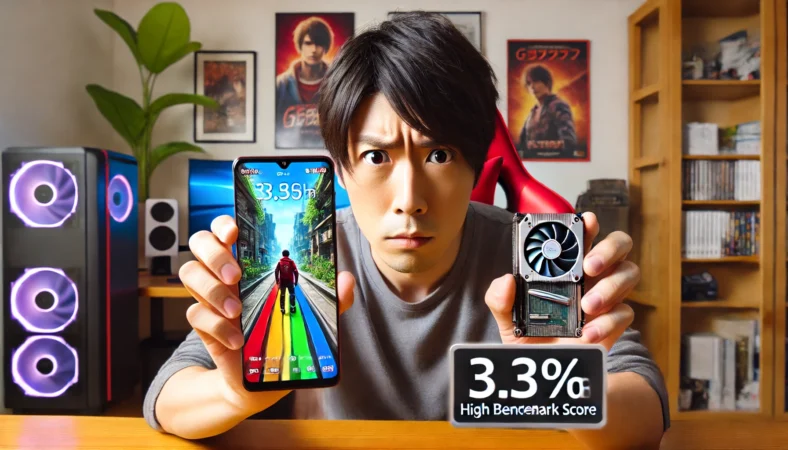 スマホゲームがカクついて動作が遅く、困惑した表情でスマホを見つめる日本人男性。机上には高スコアを示す別のスマホが置かれ、アプリ最適化と実際の性能の乖離を表現している。