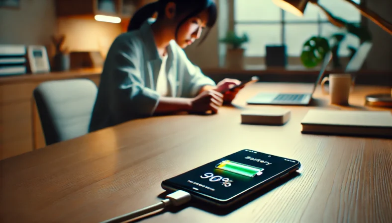 日本人ユーザーが自宅のデスクで作業中、Androidスマートフォンの90%到達通知を見て充電を止めようとしている場面。静かな空間で通知に気づき、バッテリー管理を意識する様子が表現されている。