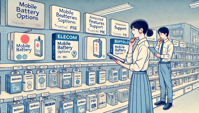 家電量販店で複数メーカーのモバイルバッテリーを比較検討している日本人を描いたイラスト。安全性やPSEマーク、サポート体制を重視して慎重に選ぶ様子。