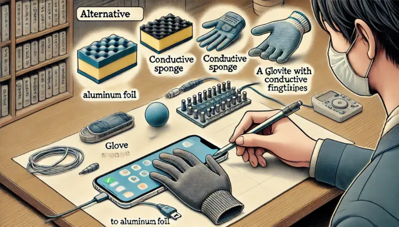 アルミホイル以外の代用品として、導電スポンジ、導電手袋、柔らかい布などを使ってスマホ操作を試している日本人の人物と、それらの代用品が整然と並べられた和室風の部屋を描いたイラスト。