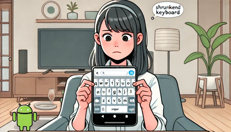 Androidスマートフォンのキーボードが小さくなり困惑する日本人女性が、和風の室内でスマホを操作しているイラスト。画面には縮小されたキーボードが表示されている。