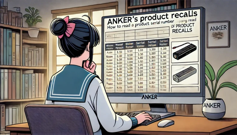 自宅でPC画面のリコール一覧を見ながら、手元のバッテリーと照合している日本人のイラスト