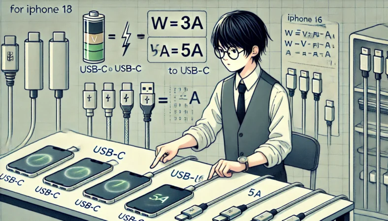 デスクの上で異なる2本のUSB-Cケーブル(3A相当と5A相当)を見比べる日本人ユーザーと、背景に「ワット=ボルト×アンペア」を示すビジュアル図が描かれたイラスト。アンペアの違いによる充電性能の違いを視覚的に示している。