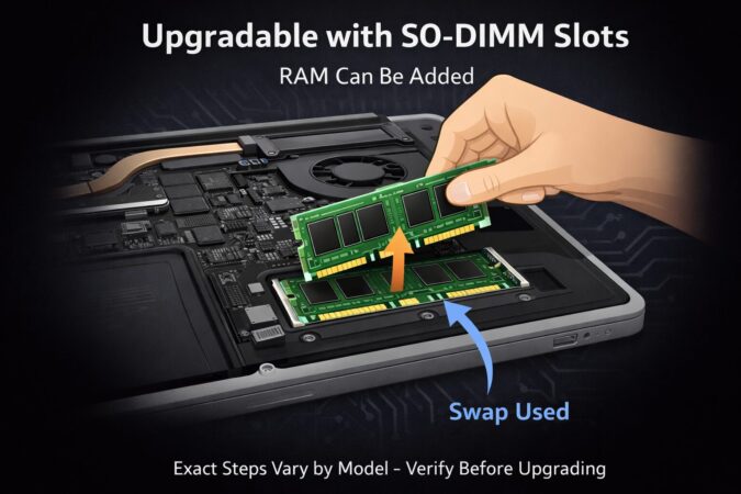 イメージ図：SO-DIMMスロットがある世代なら「差し替え」で増設できます（モデルによって手順は違うので要確認