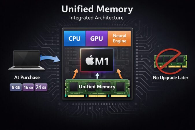 イメージ図：ユニファイドメモリは設計上「購入時に容量を選ぶ」タイプなので、購入後の増設とは考え方が違います