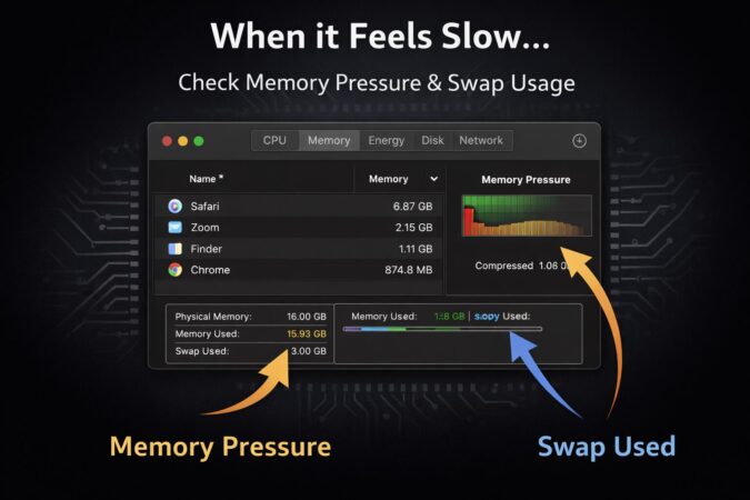 イメージ図：体感が重い時は「メモリプレッシャー」と「スワップ」の増え方を見ると、原因の当たりが付きやすいです