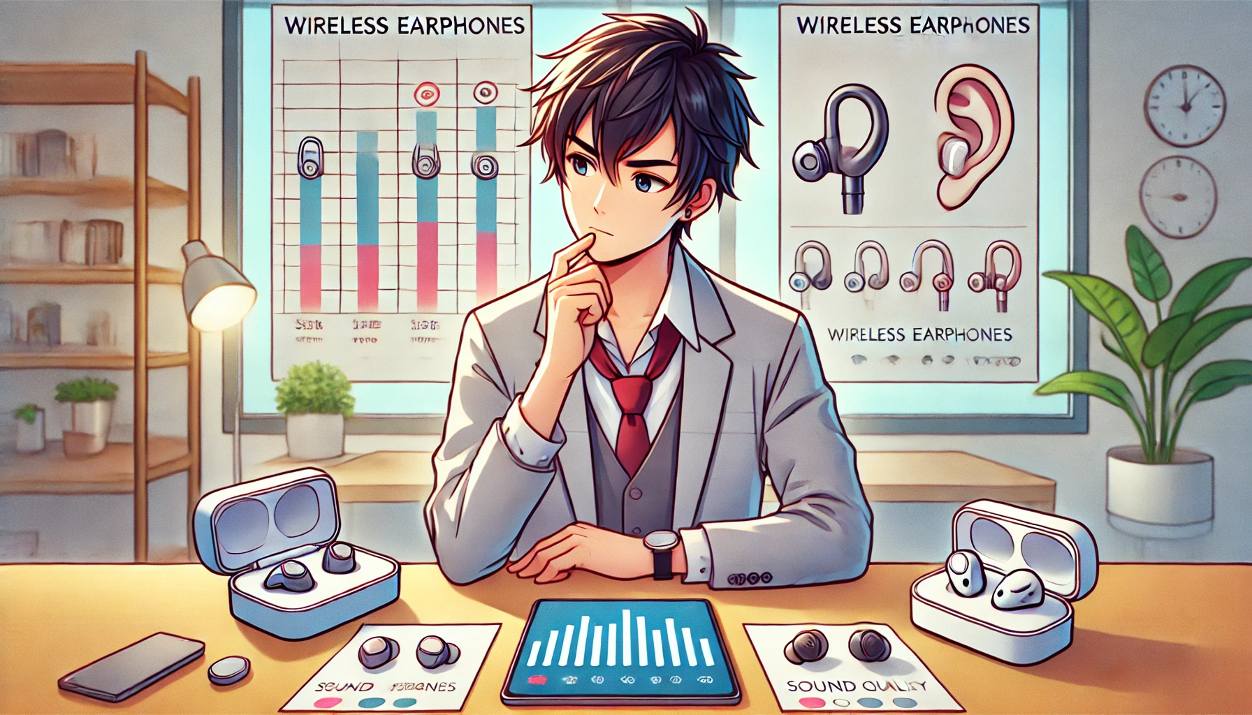 日本人男性がデスク上の複数のワイヤレスイヤホンを比較しているイラスト。タブレットに比較表が表示され、彼は片方のイヤホンを手に持ち、音質を検討している様子。