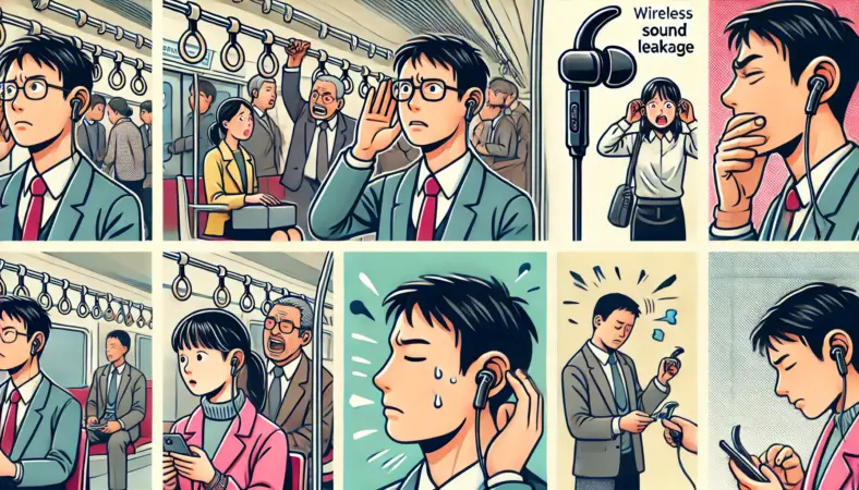 イヤーカフ型ワイヤレスイヤホンのデメリットを表現したイラスト。電車内で聞き取りにくそうにする男性、音漏れを気にする女性、耳の痛みを感じる人、イヤホンを落としてしまった人物など、複数のシーンをスタイリッシュに描写。
