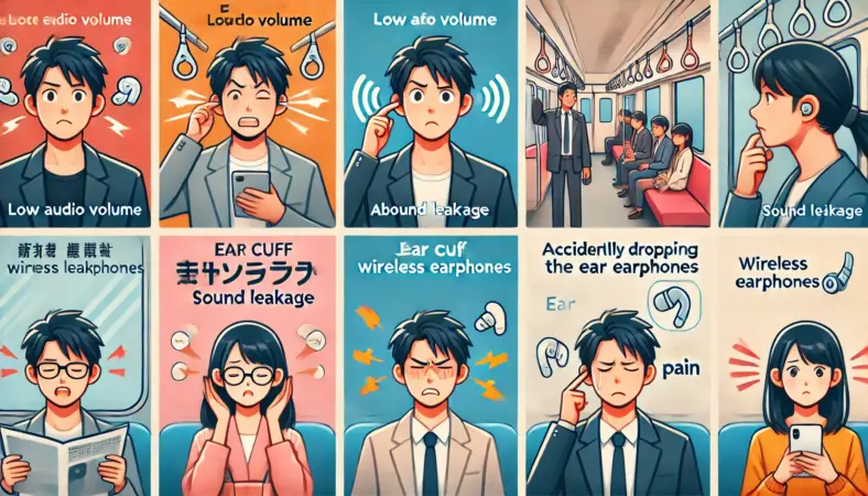 イヤーカフ型イヤホンの使用中に発生する問題を視覚的に示したイラスト。電車内で音が聞こえにくい男性、音漏れに不安を感じる女性、耳痛を気にする人、イヤホンを落としてしまった人など、複数のシーンが一枚に描かれている。