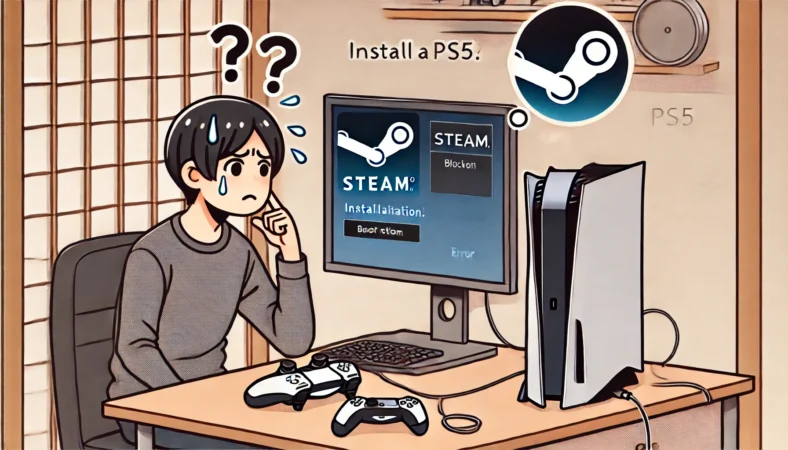 日本のデスク環境で、PS5にSteamをインストールしようとして困惑する人物。モニターにはインストールエラーのような画面が表示され、隣にはSteam対応のゲーミングPCがある。PS5にSteamを直接入れられない技術的な壁を示した場面。