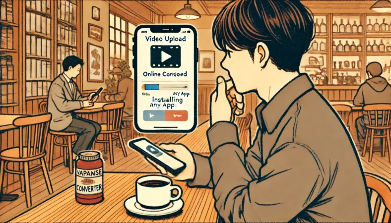 日本のカフェで、iPhoneを使ってインストール不要のオンライン変換サービスを利用して動画を変換している日本人のイラスト。木製のテーブルにはコーヒーカップが置かれ、落ち着いた雰囲気の中で集中して作業している様子が描かれている。