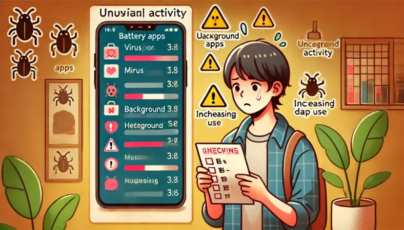 自宅でスマートフォンの不審な動作に悩む日本人のユーザーが、バッテリーの減少原因としてウイルスを疑いながら、怪しいアプリやバグのアイコンを確認している様子のイラスト。