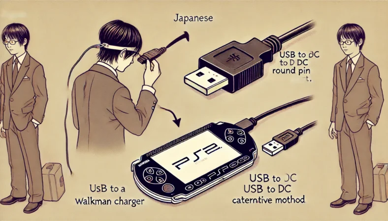 PSPにウォークマン充電器を差そうとするも端子が合わず、横に正しいUSB→DC丸ピンケーブルが置かれているイラスト。誤った流用と正しい代用方法の対比が描かれている。