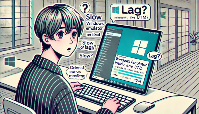 WindowsエミュレータをiPadで試す日本人ユーザーが、遅延や動作の重さに戸惑いながら操作している様子のイラスト。iPadにはキーボードとマウスが接続され、画面にはもたついたWindows画面が表示されている。