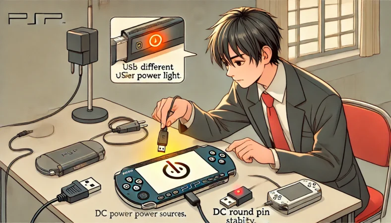 PSP本体のオレンジランプが点滅する原因を調べる日本人男性が、USB電源とDC端子の接触を確認している技術的なシーンのイラスト。