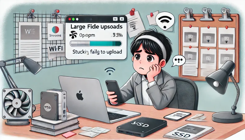 自宅のデスクでiPhoneを使い、大容量動画の変換アップロードが失敗し、フラストレーションを感じている日本人のイラスト。周囲にはWi-Fiルーター、外付けSSD、メモなどが置かれ、現実的な問題への対応を描いている。