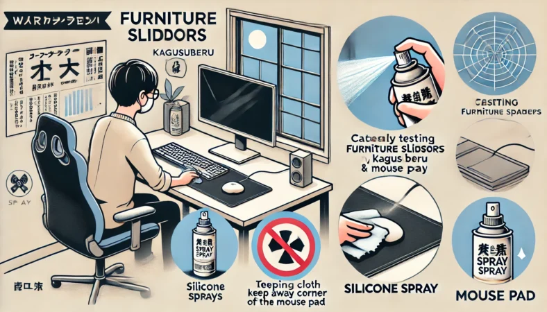 日本人の人物がマウスパッドの一角に布を使ってシリコンスプレーを慎重にテストしている様子。デスクには窓が開いて換気がされており、周囲の電子機器やパッドにはスプレーがかからないよう注意が払われている。