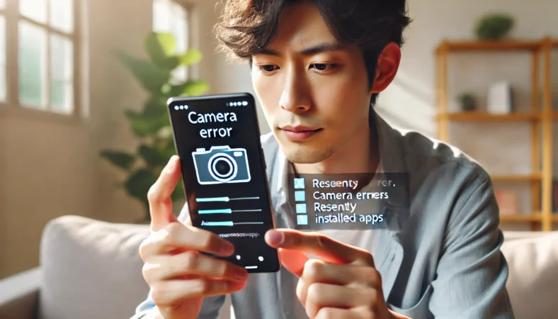 日本人男性がAQUOSスマートフォンのカメラエラーに対処するため、設定画面でカメラアプリや最近インストールしたアプリを確認している様子。自然光の差し込む明るいリビングで、落ち着いた表情で操作している。