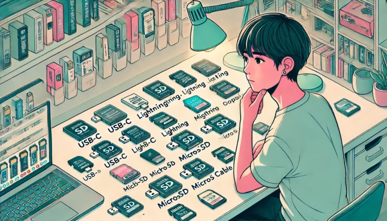 複数のSDカードリーダー(USB-C型、Lightning型、microSD対応など)が机に並べられ、日本人の人物が最適なカードリーダーを選ぼうと真剣に比較しているイラスト。近代的で整理された作業空間が背景に描かれている。