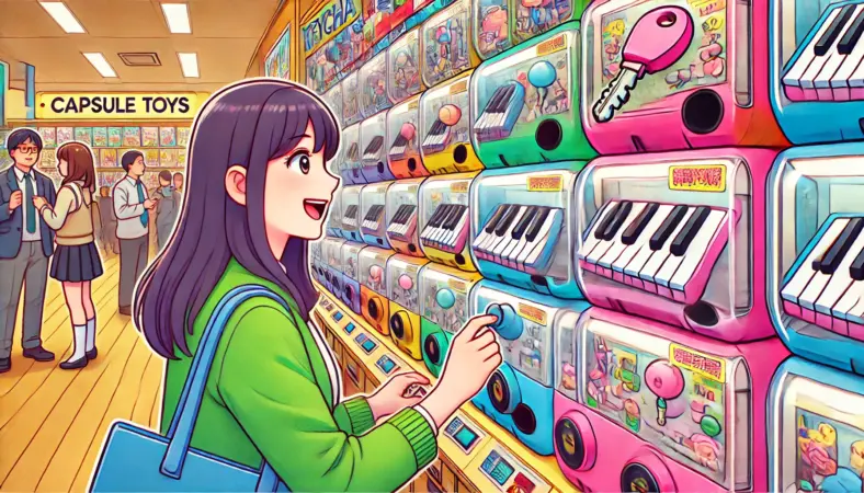 日本のショッピングモールに設置されたガチャガチャ機で、キーボード型のキーホルダーを狙ってハンドルを回す日本人女性。機械にはキーボード風のミニチュアやパーツのイラストが見え、明るく楽しい雰囲気の中でワクワクした表情を浮かべている。