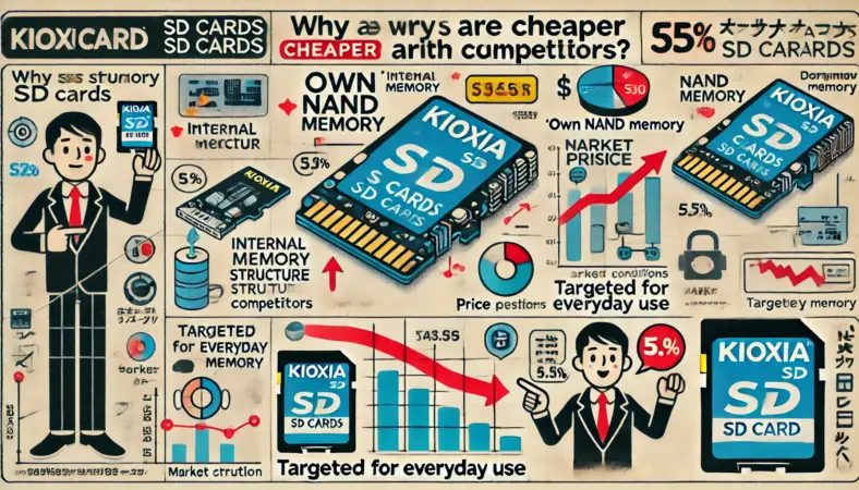 自社NANDメモリの構造、市場価格の変動グラフ、用途の絞り込みによるコスト構造を示すインフォグラフィック風イラスト。日本人の説明者が指し棒で図解を指しながらプレゼンしている様子。