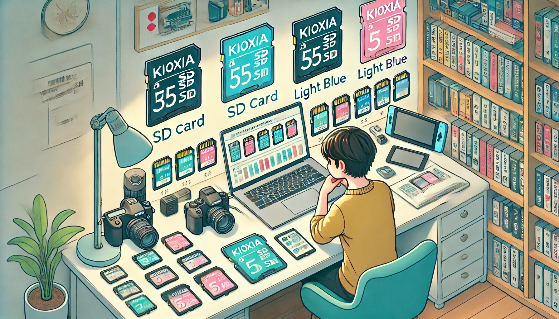 自宅のデスクでKIOXIAのSDカードを比較レビューする日本人ブロガー。色分けされたSDカードパッケージやノートPC、Switch、スマホ、カメラなどが机に並び、SDカード選びのシーンを表現したイラスト。