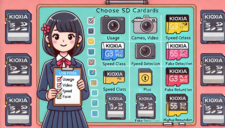 用途別にSDカード選びのチェックリストを持つ日本人女性が、EXCERIA、G2、PLUS、HIGH ENDURANCEを色分けされたボードで説明しているイラスト。用途・偽物対策・速度クラス・バックアップの重要性をまとめた買い物ガイド風の構成。