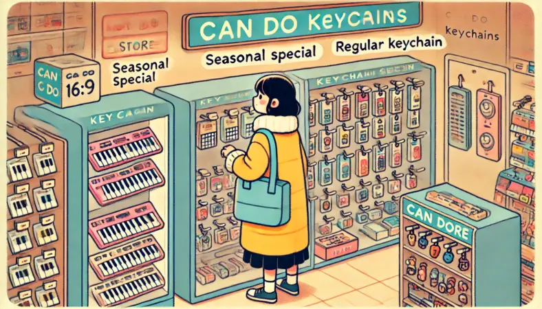 キャンドゥの店内でキーボード型キーホルダーを探す日本人女性。特設棚や定番のキーホルダー棚を確認している様子が描かれている。