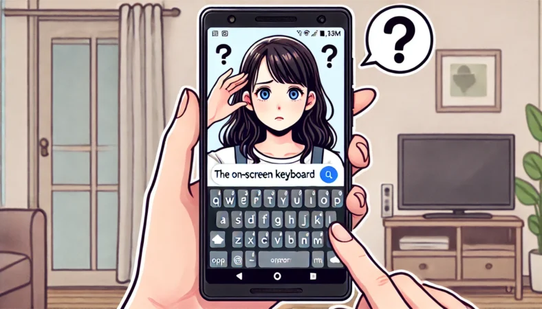 Androidスマートフォンの小さくなったキーボードに困惑する日本人女性のイラスト。自宅でスマホを操作し、画面にミニキーボードが表示されている様子。