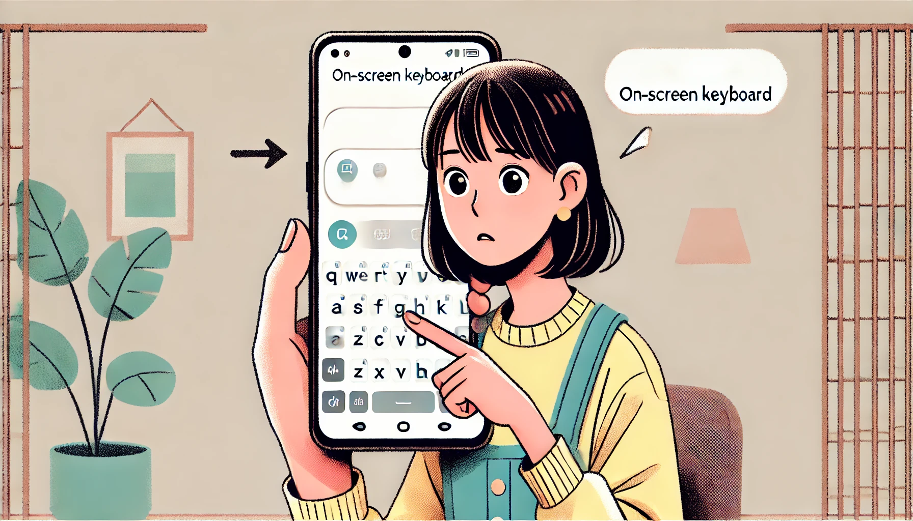 Androidスマートフォンの小さくなったキーボードに困惑する日本人女性のイラスト。自宅でスマホを操作し、画面にミニキーボードが表示されている様子。