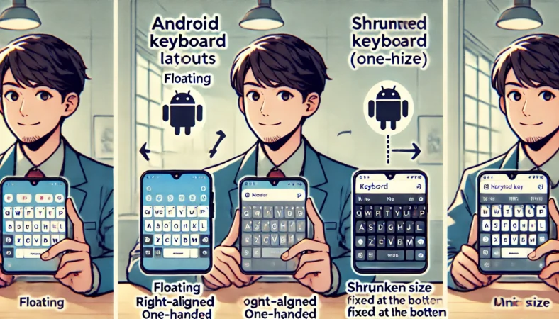 Androidスマートフォンの3種類のキーボード状態（浮いている、片手モード、下部に小さく固定）を比較しながら確認する日本人男性のイラスト。明るい室内で冷静に分析している様子。