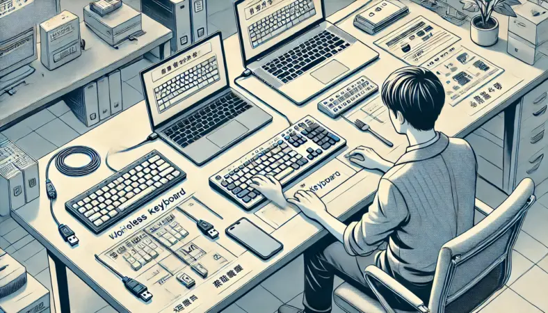 日本人ユーザーがノートパソコンに有線の予備キーボードを接続し、もとの無線キーボードと比較しながら問題の切り分けを行っているイラスト。デスクには2台のキーボードが並び、冷静な検証作業が行われている。