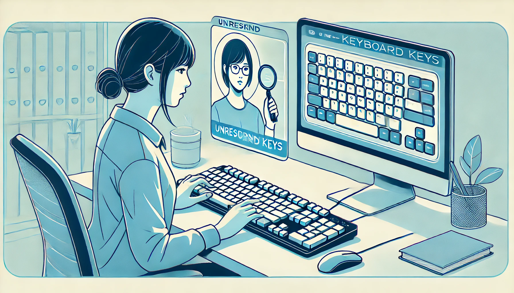 自宅のデスクで日本人がキーボードの各キーを押して動作確認をしている様子。画面には仮想キーボードチェッカーが表示され、落ち着いた表情でノートに記録している。