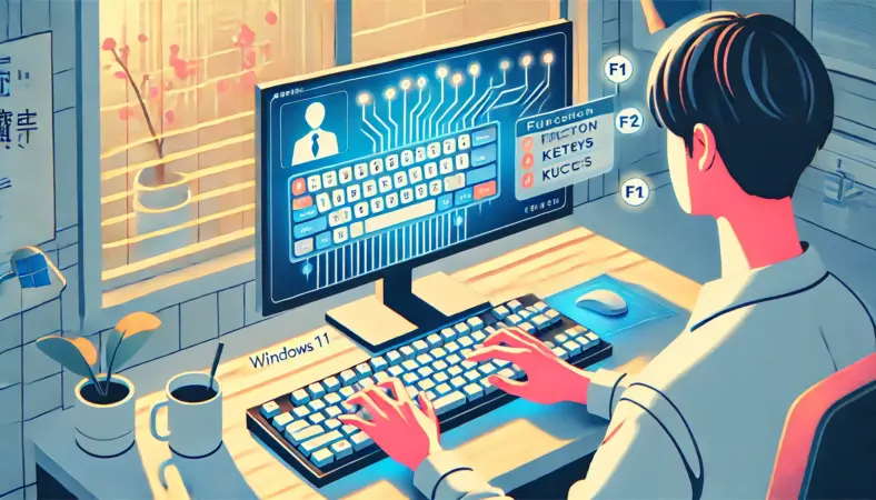 パソコンの前で日本人ユーザーが、画面に表示されたキーボードテストツールで順番にキーを押して確認しているイラスト。周囲には手順をメモしたノートがあり、冷静にチェックを進めている様子。