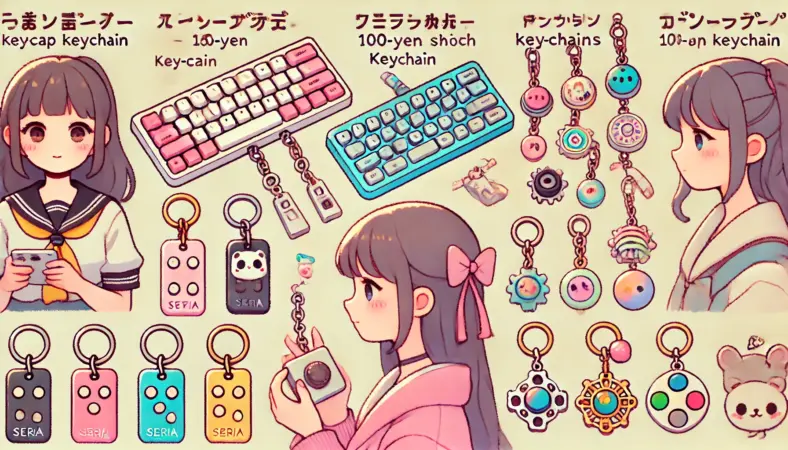 日本人女性が3種類のキーボード風キーホルダー(キーキャップ型・フィジェット型・チャーム型)を見比べているイラスト。